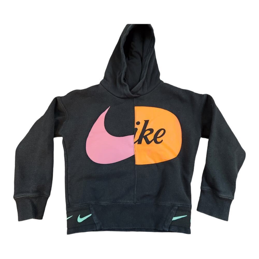 Nike Hoodie Girls Medium Black Pink Orange Split Logo Graphic Pullover‎